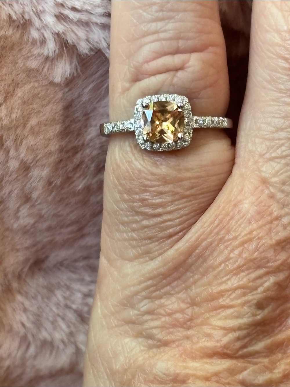 925 sterling silver champagne moissanite Cushion Halo Ring with Pavé Band -